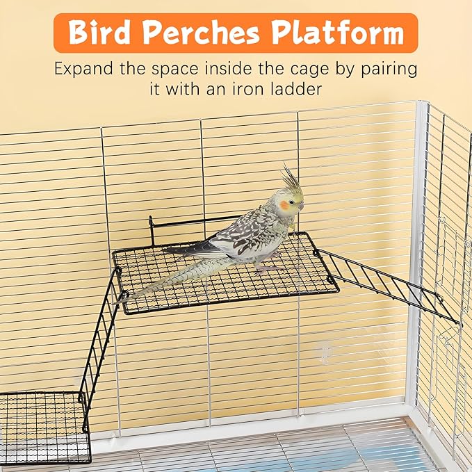 BNOSDM 4 PCS Bird Perches Platform, Stainless Steel Grid Platform for Parakeet Parrot Stand with Climbing Ladder Bird Cage Accessories for Small to Large Birds (White)