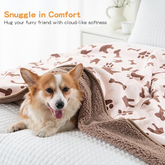 Waterproof Dog Blankets Pet Blanket 60"x80", Soft Fluffy Sofa Car Bed Protector, Reversible Sherpa Fleece Dog Blanket for Large Dogs (Beige-House)