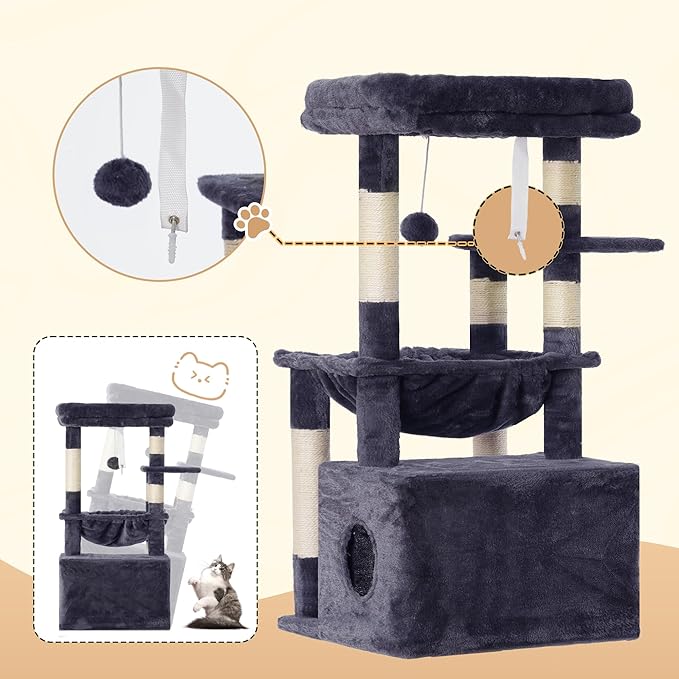 Heybly Cat Tree, Kitten Tower with Large Soft Cat Basket, Cat Condo with Spacious Cat Bed Cave with Hidden Space, Sisal-Covered Scratching Posts, Dangling Ball for Indoor Cats, Smoky Gray HCT008SG