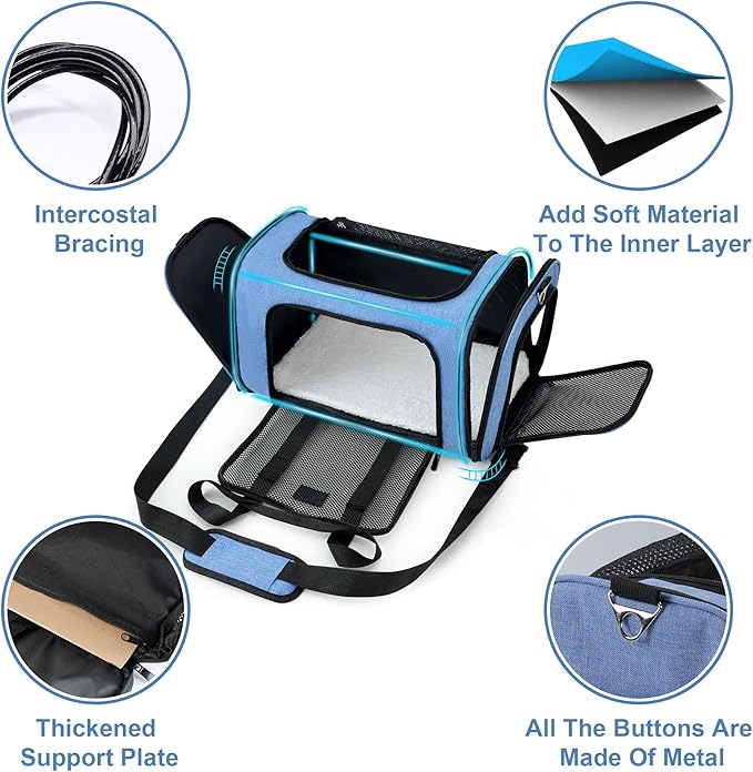 Soundy Large Cat Carrier Dog Carrier Under 25 Lbs,Collapsible Ventilated Portable Pet Bag with Soft Sided Breathable Mesh for Long Car Trips Maxi Load 2 Kittens or Small, Medium Dog (Large Blue)