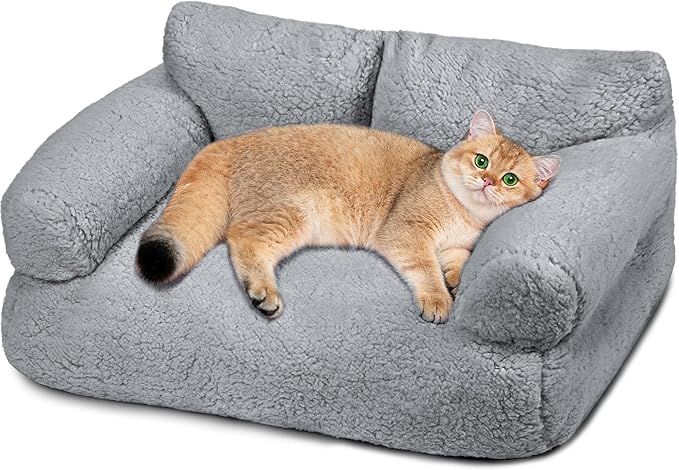 Large Cat Beds for Indoor Cats, Dog Couch Bed, Cute Cat Couch Sofas for Less 20lbs Kitten Puppy, Small Dog Sofas & Chairs with Removable Washable Cover, Soft Warm Pet Furniture, Pale Gray