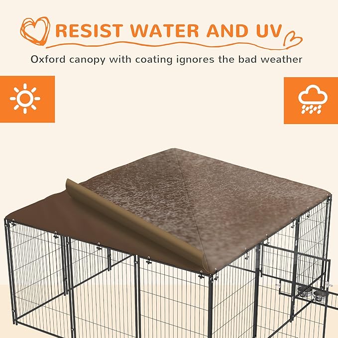 PawHut Outside Dog Kennel, 7' x 7' x 5' Puppy Play Pen with Canopy, Garden Playpen Fence Crate Enclosure Cage Rotating Bowl, for Dogs, Chickens, Ducks, Black