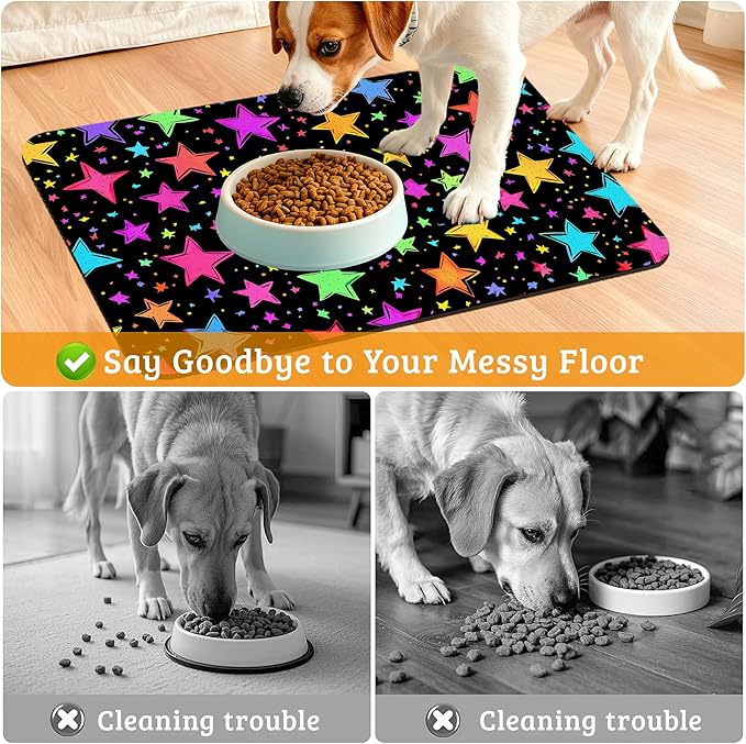 Neon Stars Dog Food Mat,Bright Colorful Absorbent Pet Feeding Mat for Food and Water Bowl,Quick Dry Dog Placemat Non Slip Rubber Backing Waterproof Pet Supplies 16" x 24"