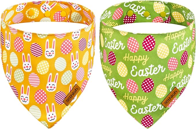 Easter Dog Bandanas with Snap Button, 2 Pack Reversible Spring Bandana for Boy & Girl, Premium Durable Fabric, Bunny and Egg Dog Scarf for Small Dogs (Small)