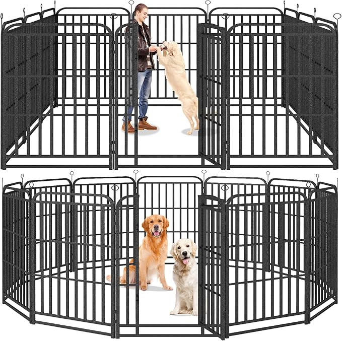 Heavy Duty Dog Playpen: 12 Steel Panels 47" Height, Square Steel Pipe with Reinforced Crossbars, 27FT 57 Sq.ft Portable Fence for Yard RV Camping, Snowy Black
