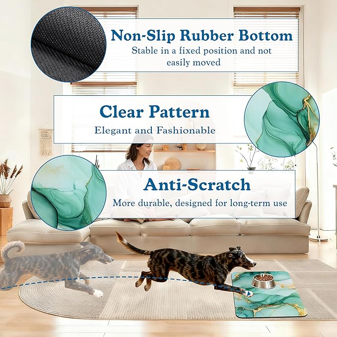 Green Marble Pet Feeding Mat for Floors–Christmas Stocking Absorbent Quick Dry Dog Cat Bowl Mat for Food and Water, Non Slip Waterproof Base, Mess-Free Feeding Accessories 12"x20"
