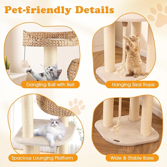 PETSITE 41 Inch Modern Cat Tree for Indoor Cats, Multi-Level Cute Cat Tree with Scratching Posts, Hand-Made Wicker Cat Condo & Top Perch, Dangling Ball, and Sisal Rope, Beige
