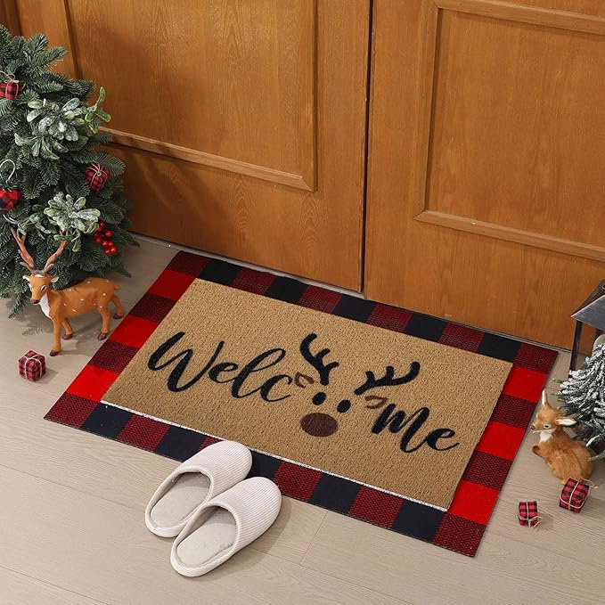 Tinideya 2 Pcs Door Mat Welcome Non Slip Coir Mats Floor Layering Doormats Seasonal for Front Porch Entryway Decor(Brown Elk)