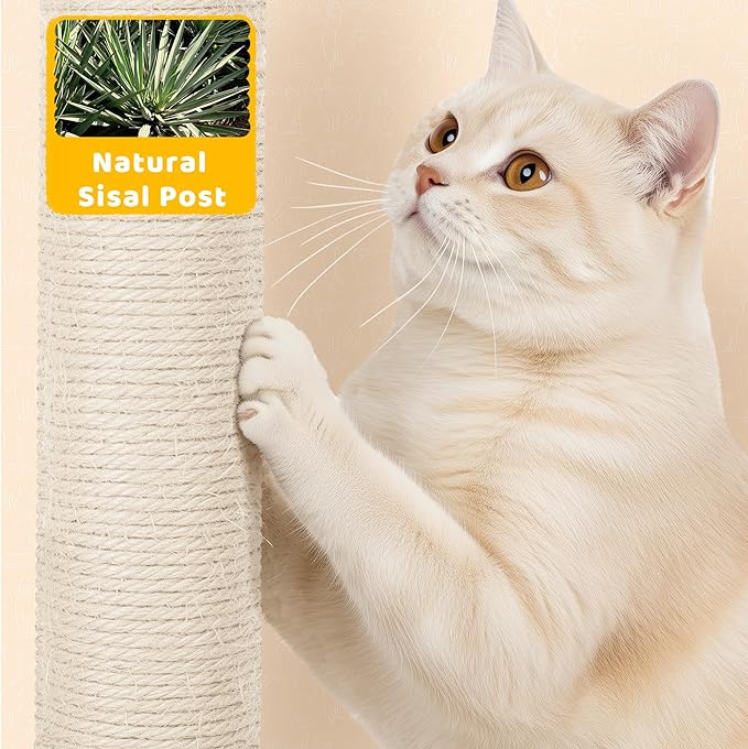 Yaheetech Cat Tree, 67in Large Tower w/ 3 Removable Teaser Sticks, 2 Kitten-Ear Shaped Perches, 2 Condos, Hammock, Scratching Post, Multi Level Pet House, Light Gray