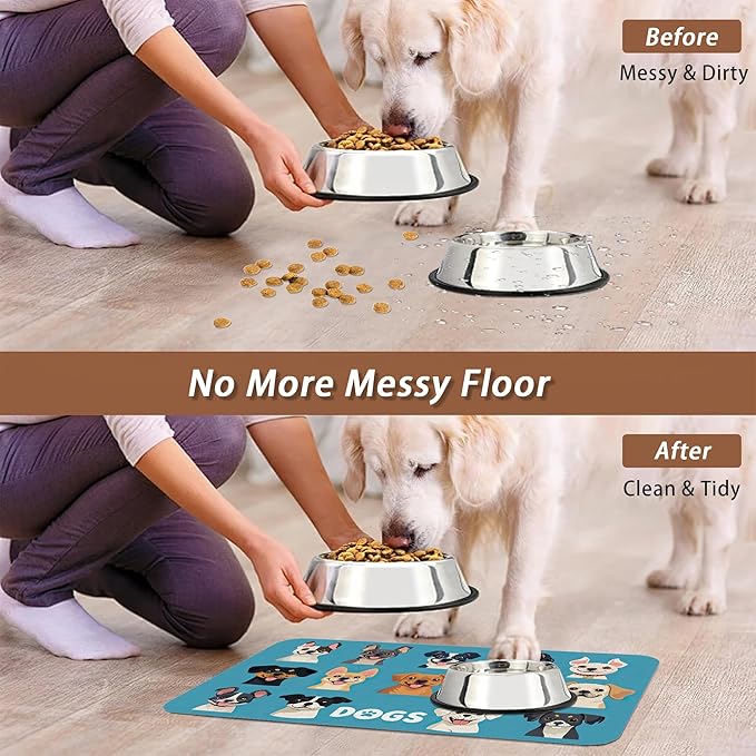 Cute Dog Cat Food Mat,Absorbent Pet Feeding Mat with Rubber Backing,Non-Slip Water Bowl Placemat,Indoor Pet Accessories Supplies 16"x24"