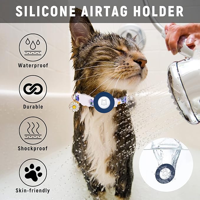 Airtag Cat Collar, JXFUKAL Kitten Collar Breakaway with Silicone Airtag Holder, Bells & Flower Charm for Girl Cats Boy Cats Small Dogs(Blue)