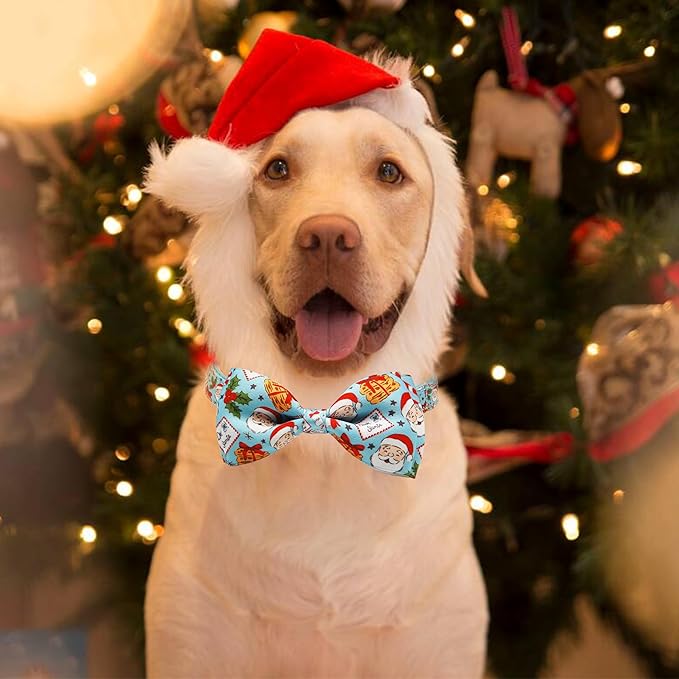 Christmas Dog Collar with Bow Tie Set, Holiday Santa Claus Pattern Pet Collar for Small Medium Large Dogs, Adjustable Puppy Collar with Quick Release Buckle