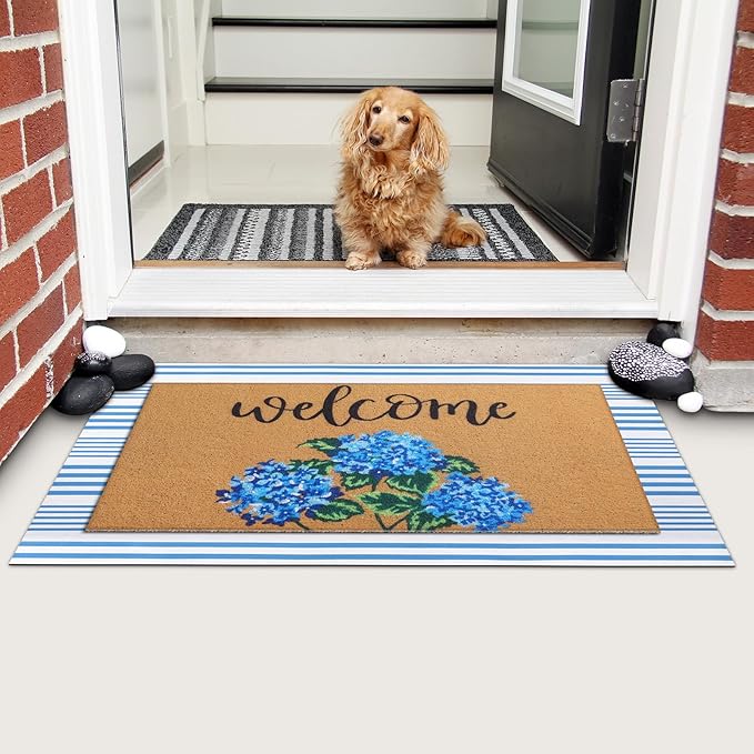 Tinideya 2 Pcs Hydrangea Door Mat Blue and White Stripe Welcome Non Slip Flower Coir Mats Floor Layering Floral Doormats Seasonal for Front Porch Entryway Decor(Blue Flower)