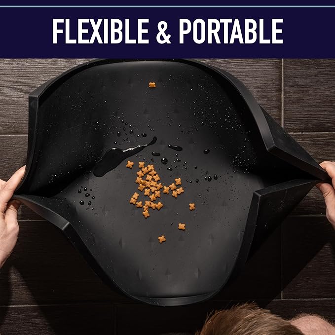 Leash Boss Waterproof Spill Guard Dog & Cat Silicone Dog Food Mat - Non-Slip Raised Edge Dog Bowl Mat - Waterproof Spill Guard Cat Food Tray - 25 x 17 in, Black