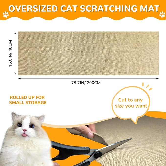 Jute 78.7"x15.8" Trimmable Cat Scratching Mat for Furniture Protector,Versatile Self-Adhesive Anti Cat Scratch Pad for Couch Protection&Cat Scratcher Tree/Post/Wall/Board/Twine Replacement
