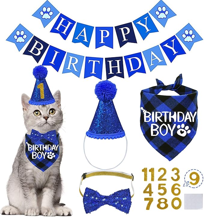 STMK Cat Birthday Party Supplies, Cat Birthday Hat with Numbers Bandana Bow Tie Collar Banner for Cats Kittens Birthday Outfit Decorations