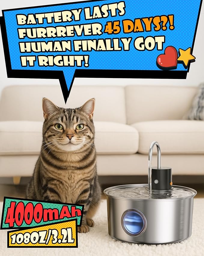 Wireless Cat Water Fountain Stainless Steel, Cordless Automatic Pet Water Dispenser for Cats Indoor, Small Dogs, 108oz/3.2L Rechargeable Pet Drinking Fountain with Motion Sensor