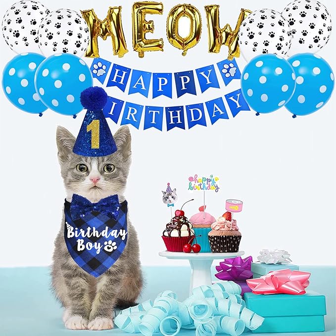 Cat Birthday Party Supplies, Cat Birthday Hat with Number Bandana Bow Tie Banner Balloons Meow Letter Balloons for Cats Kittens Decorations