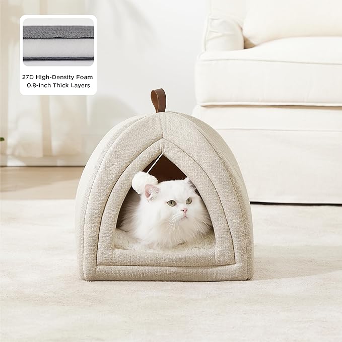 Bedsure Cat Beds for Indoor Cats- 2 in 1 Cat Cave House Tent for Kittens and Small Pets with Removable Washable Cushioned Pillow, Foldable Kitten Hideaway with Non-Slip Bottom, Beige, 16 inches