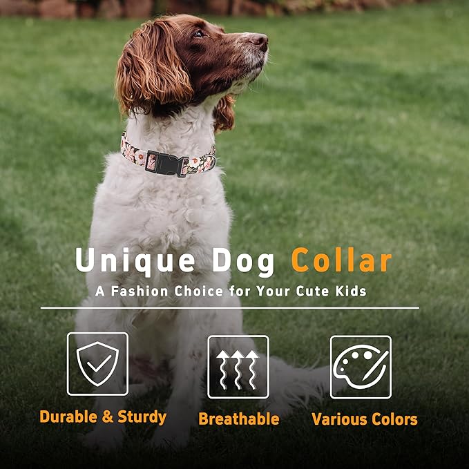 Dog Collar for Boys Girls, Floral Puppy Collar for Small Medium Large Dogs, Adjustable Floral Pattern Soft Pet Collar with Safety Buckle for Male Females(Light Pink,M)