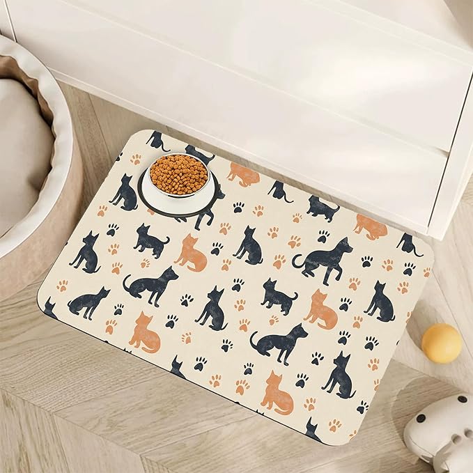 Cute Cat Paw Prints Dog Food Mat for Floors,Vintage Boho Absorbent Pet Food and Water Bowl Mats,Non-Slip Pet Feeding Mat,Pet Supplies 12" x 20"