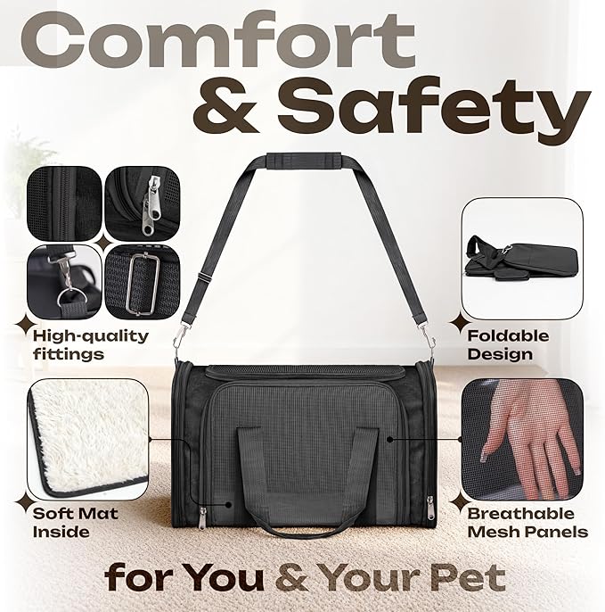 Airline Approved Medium Pet Carrier for Cats & Dogs – Foldable Dog Bag with Soft Mat, Breathable Mesh Windows, Travel-Ready Cat Carrier (Up to 15 lbs, Black)