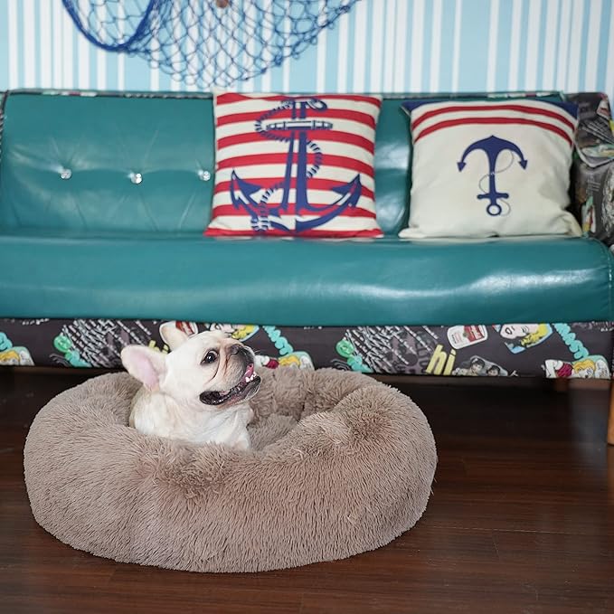 Calming Donut Dogs Beds for Small Dogs Washable,23inch Plush Round Pet Bed for Cozy Sleep,Fluffy Faux Fur Large Cat Bed,Fits up to 25 lbs Pets,Camel