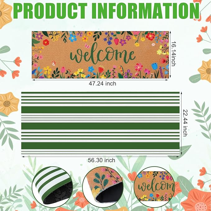 Tinideya 2 Pcs Door Mat Welcome Non Slip Coir Mats Floor Layering Doormats Seasonal for Front Porch Entryway Decor(16.14 x 47.24 Inches,Spring Flowers,Green Brown)