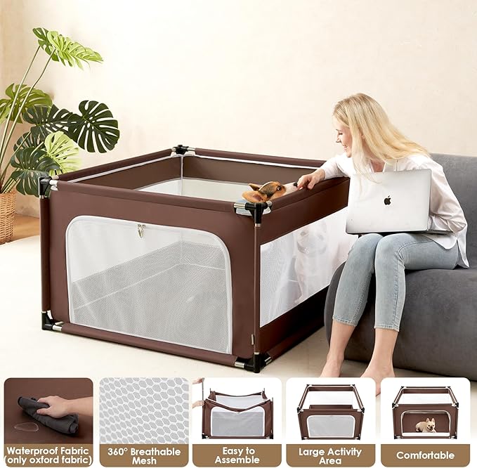 EHEYCIGA 42x42x26 Inches Puppy Playpen Without Top Cover for Dogs & Cats Indoor or Outdoor - Dog Playpen with Door, Dog Fence for Small Animal with Heavy-Duty Oxford & Steel Frame, Brown