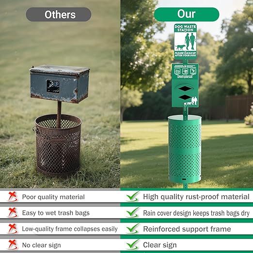POCHAR Aluminum Rustproof Dog Waste Disposal Station for Pet Parks – 10 Gallon Outdoor Pet Poop Station with Reflective Sign & Lid – Durable Trash Bin for Backyard Dog Waste