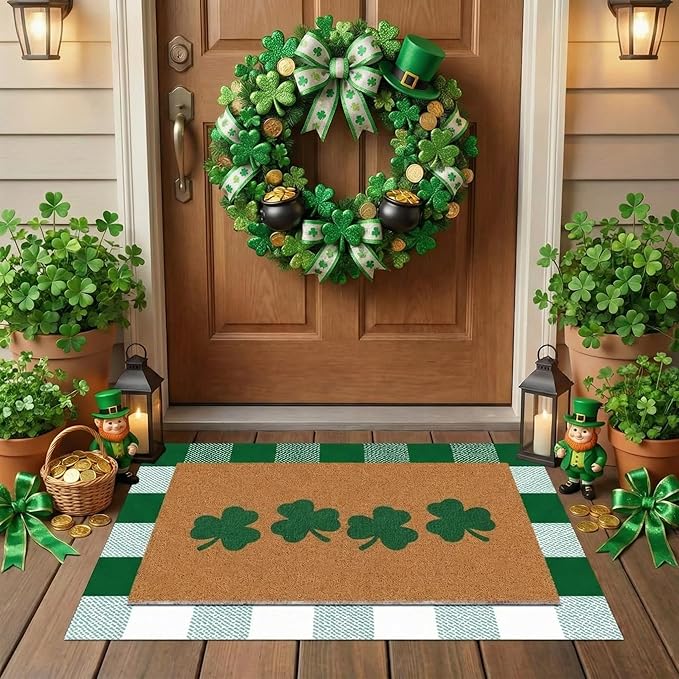 Tinideya 2 Pcs St. Patrick's Day Door Mat Shamrock Welcome Non Slip Green and White Coir Mats Floor Layering Doormats Seasonal for Front Porch Entryway Decor(Green White, St. Patrick's Day)