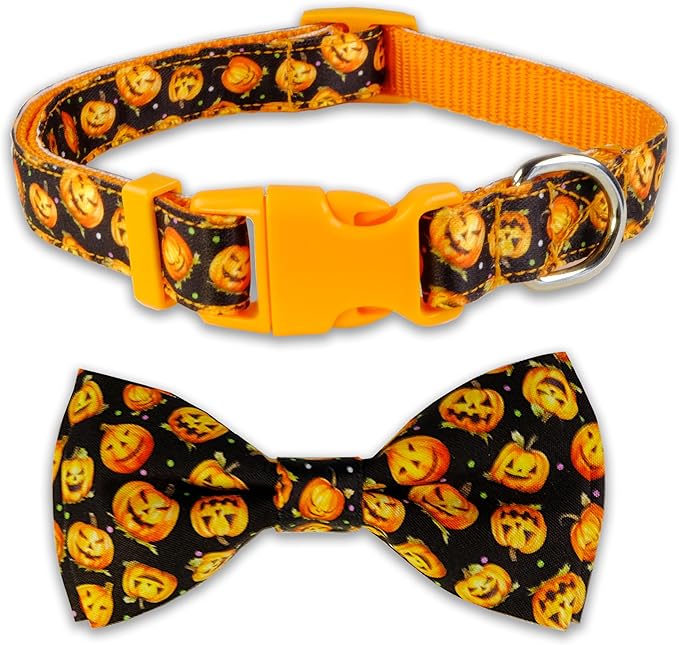 Halloween Dog Bow Tie Collar, Holiday Skull Pumpkin Collar for Large Medium Small Dog Pets Puppies
