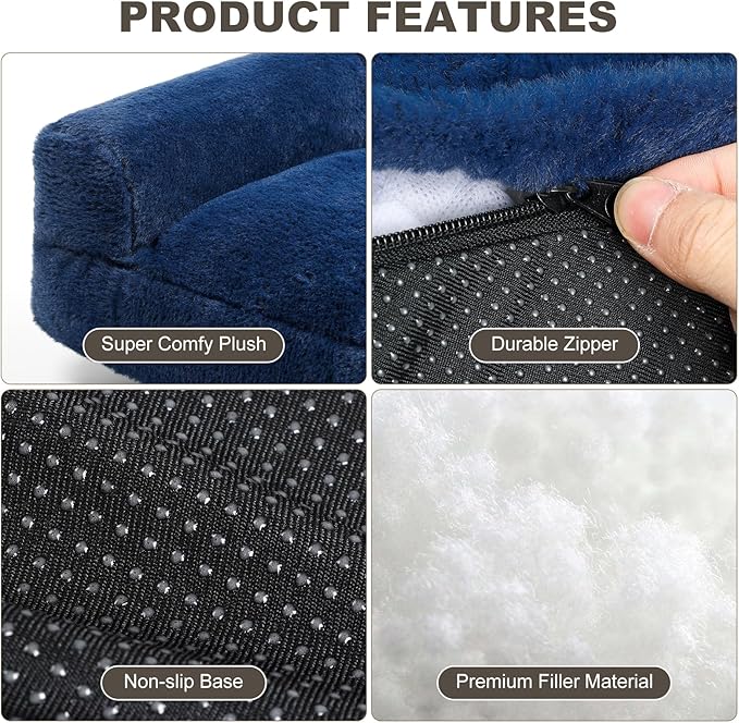 Plush Cat Couch Bed - Cat Bed for Indoor Cats, Dog Sofa Bed, Short Rabbit Fleece Calming Pet Couch with Removable Cover, Anti-Shedding Pet Sofa for Small/Medium Pets (26×18×12in, Navy Blue)