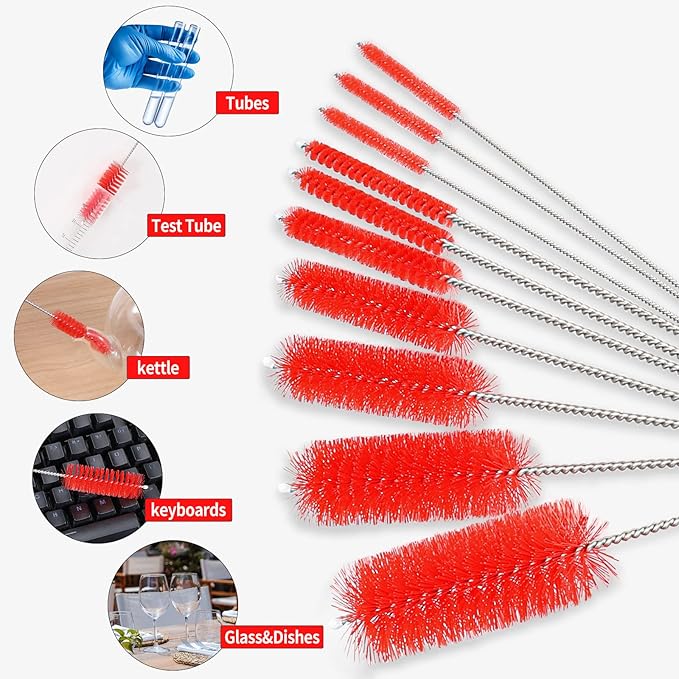 CiaraQ Bottle Cleaning Brushes, 8 Inch Nylon Tube Brush Set, Cleaner for Narrow Neck Bottles Cups with Hook, Set of 10pcs.
