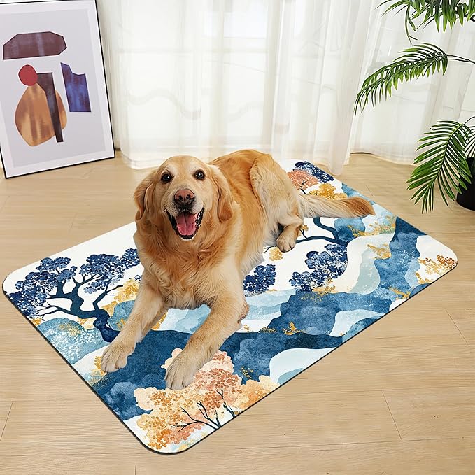 Japanese Wave Tree Dog Food Mat–Christmas Stocking Absorbent Quick Dry Feeding Placemat for Food and Water Bowls, Non Slip Rubber Backing, Waterproof Pet Supplies for Mess-Free Eating 16"x24"