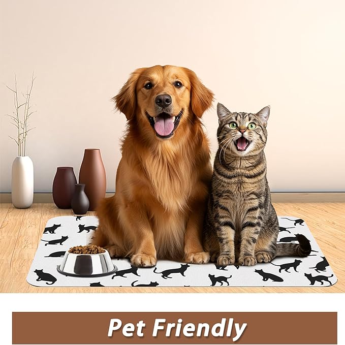 Funny Black Cat Dog Food Mat,Absorbent Pet Feeding Mat with Rubber Backing,Non-Slip Water Bowl Placemat,Indoor Pet Accessories Supplies 12"x20"
