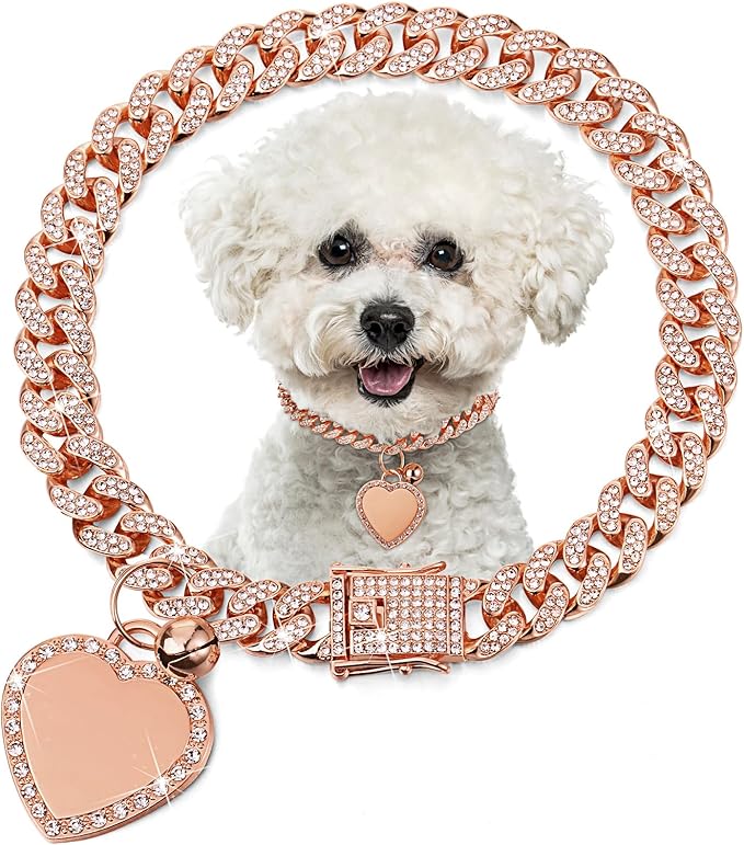 Hillban Dog Chain Gold-Plated Diamond Collar with Heart Rhinestones Jewelry Pet ID Tag Chain Bling Puppy Collar with Personalized Name Tag for Small Medium Large Dog Cat(Rose Gold,10 Inch)