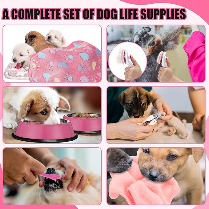 Abbylike 50 Pcs Puppy Supplies Starter Kit for Small Dogs Puppy Essentials Includes Leash, Bowls, Teeth Brushes, Water Bottle, and More Accessories for Dogs Pet Day Welcome Gift(Pink)
