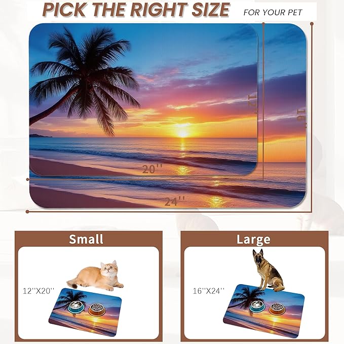 Tropical Palm Pet Feeding Mat,Sunset Trees Sea Beach Absorbent Quick-Dry Cat Dog Food and Water Bowl Mats, Non-Slip Rubber Backing Mat, Cat Dog Accessories Supplies 12"x20"