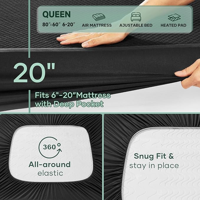 OhGeni 100% Waterproof Mattress Protector, Queen-Black Size Mattress Pad, Fits 6"-20" Mattresses with Deep Pocket, Cooling, Breathable Fitted Sheets, Soft Bed Cover, Noiseless, Machine Washable
