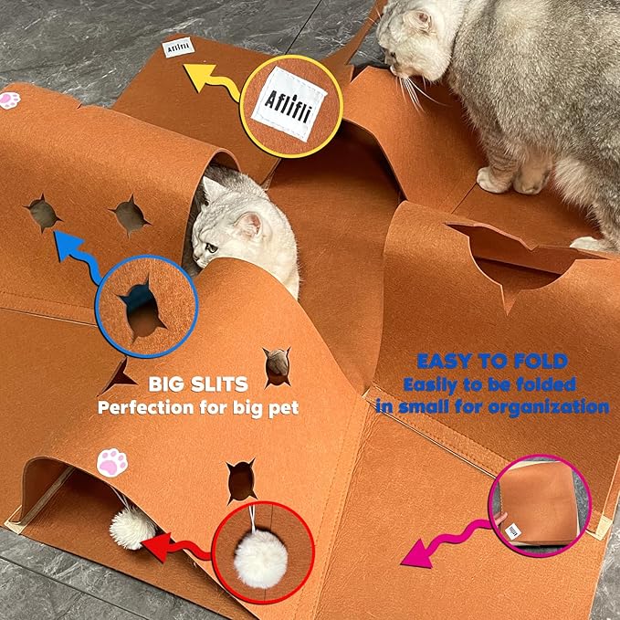 Interactive Cat Tunnel Mat for Indoor Cats, 4-Way Felt Cat Cave with Hanging Ball, Foldable Kitty Play Mat and Hideout, Pet Enrichment Toy for Kittens, Rabbits, Small Pets