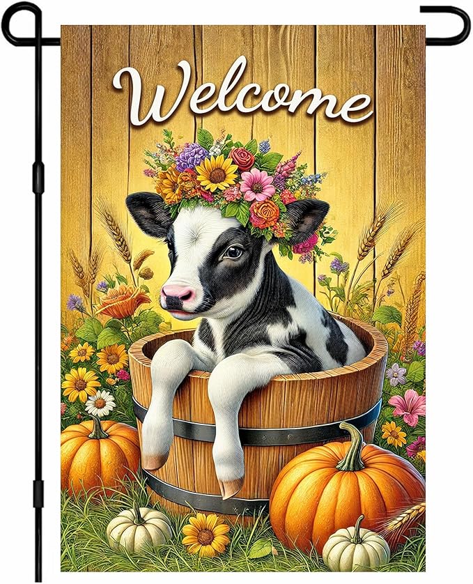 Fall Garden Flag Welcome Calf Animal Garden Flag Farm 12x18 Inch Double Sided Outdoor Decoration for Fall Season Yard Porch Lawn Display Cute Flower Cow Banner Autumn Harvest