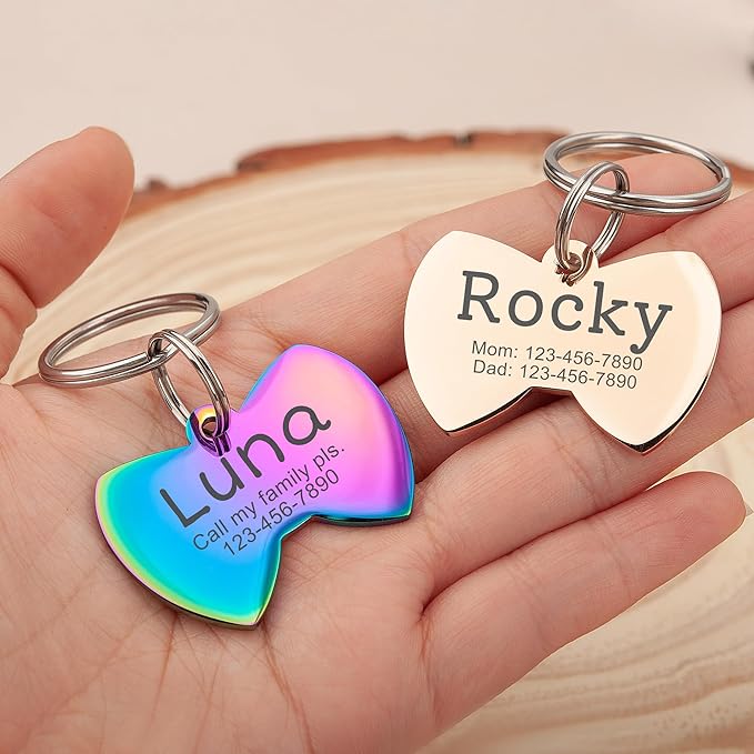 Anavia Personalized Pet ID Tags, Stainless Steel Glossy Laser Engraved Dog Cat Collar Name Tags, Multiple Colors Shapes Sizes (Bow Tie, Regular)