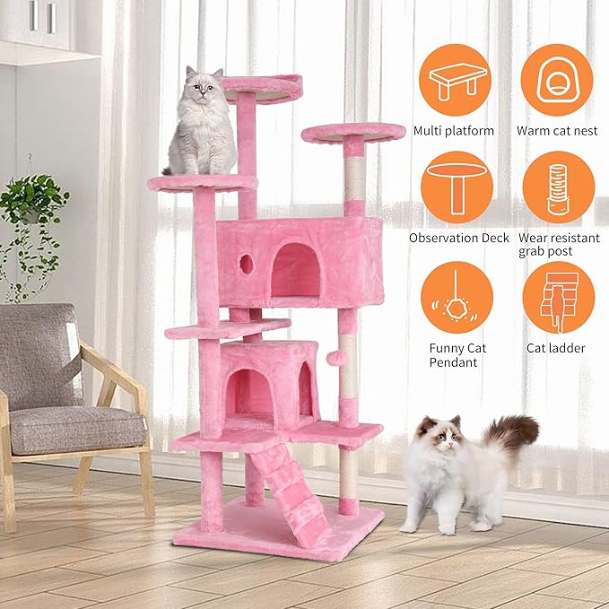 Cat Tree for Indoor Cats, Multi-Level Cat Tower with Scratching Posts & Cozy Condo, Space Saving Cat Activity Center, Durable Pet Play House (54in,Pink)