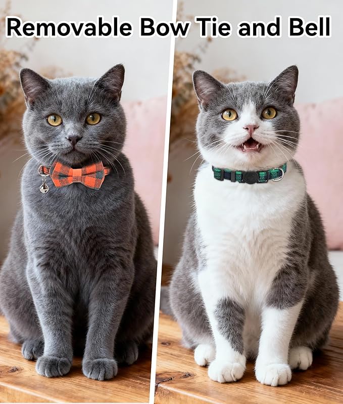 Joytale Upgraded Cat Collar with Bells, Breakaway Cat Collars with Bow Tie, 2 Pack Girl Boy Safety Plaid Kitten Collars, Green+Orange