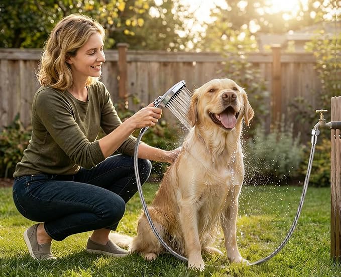 G-Promise 3 Mode Dog Shower Attachment with Pause Mode, Dog shower Sprayer with 118 Inches Stainless Steel Hose, Metal Diverter, Adhesive Holder, for Fast and Easy Dog Bathing and Cleaning(Chrome)