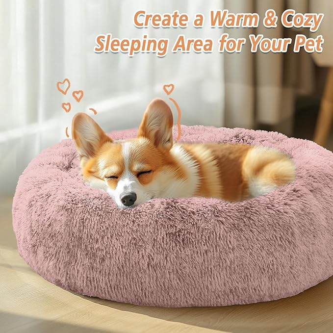JOLLYVOGUE Calming Dog Bed Medium Size Dog, Anti-Anxiety Donut Medium Pet Bed, 31 inches Fluffy Faux Fur Round Cat Bed, Fits up to 45 lbs Pets (Dark Pink)