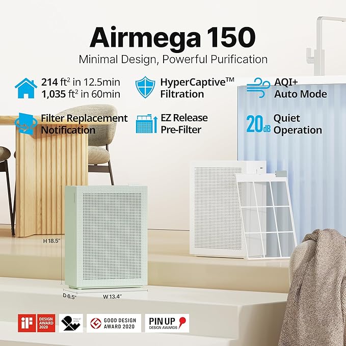 COWAY Air Purifiers for Home Bedroom up to 1,035ft² with HEPA Filter, Carbon Filter, Washable Filter for Smoke, Pollen, Dander, with Air Quality Monitor, Auto Mode, 3yr Warranty, Airmega 150 White