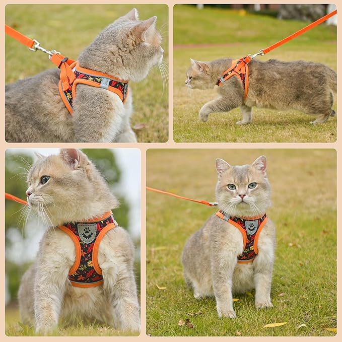 SCENEREAL Fall Thanksgiving Cat Harness and Leash Set Escape Proof, Soft Mesh Kitten Harness for Walking Travel, Reflective Adjustable Pet Vest with Leaf Print for Cat Puppy, S