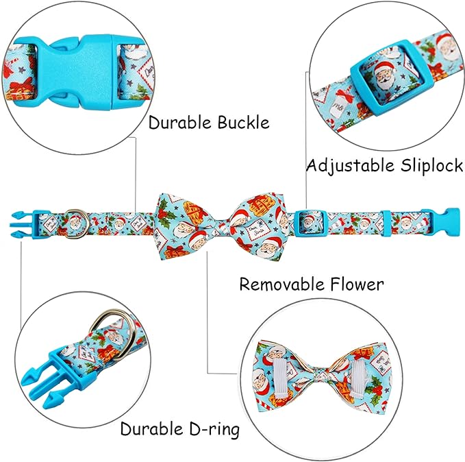 Christmas Dog Collar with Bow Tie Set, Holiday Santa Claus Pattern Pet Collar for Small Medium Large Dogs, Adjustable Puppy Collar with Quick Release Buckle